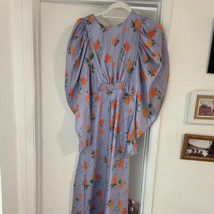 ASOS DESIGN satin maxi dress with puff sleeves in lilac floral print